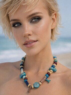 Handmade Colorful Ceramic Bead Necklace Fish Shaped Boho Artisanal Statement....